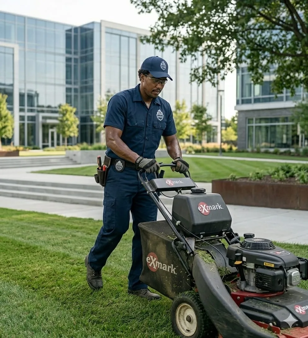 A worker in a navy uniform mows the lawn outside a commercial building.