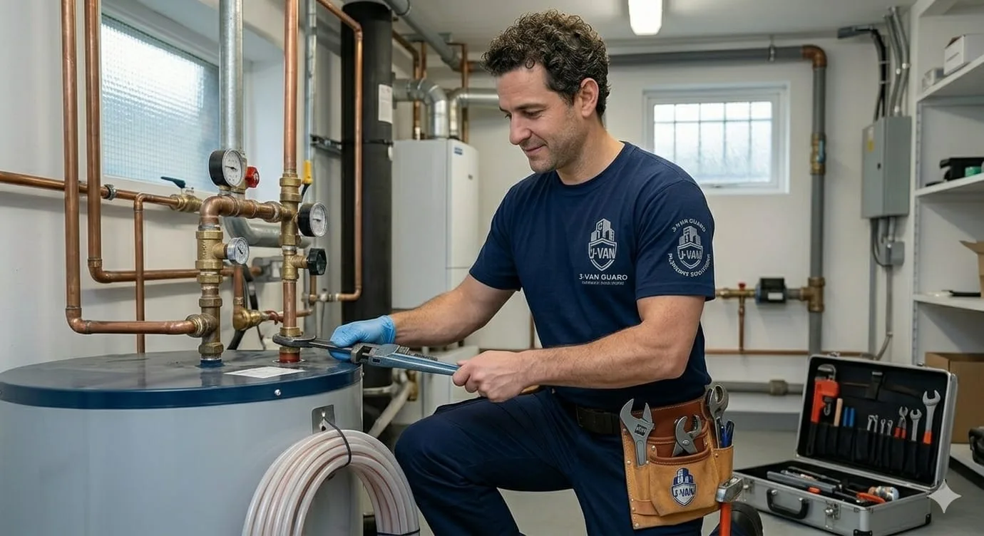 A worker in a navy uniform uses a wrench on plumbing connections in a utility room.