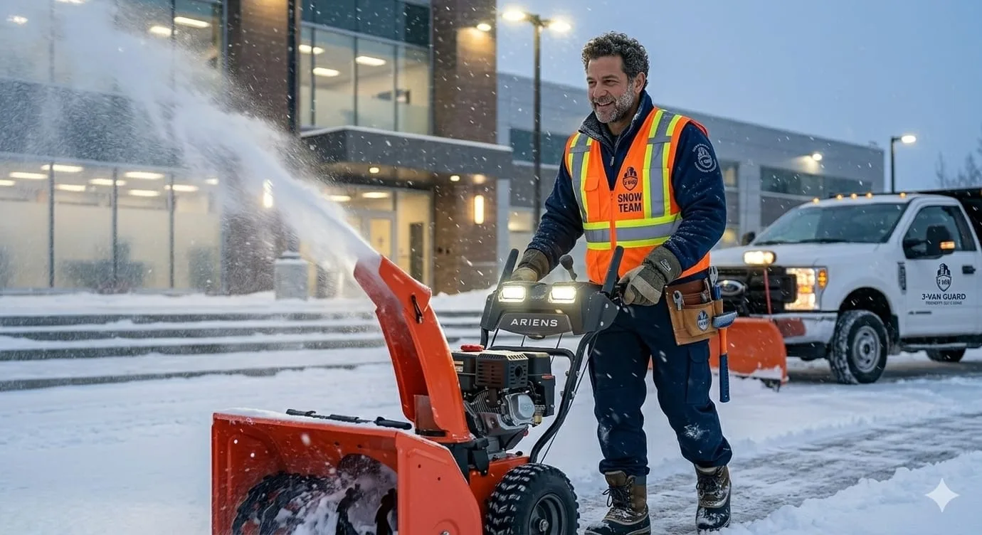 A worker in a reflective vest clears snow outside a commercial building with a snow blower.